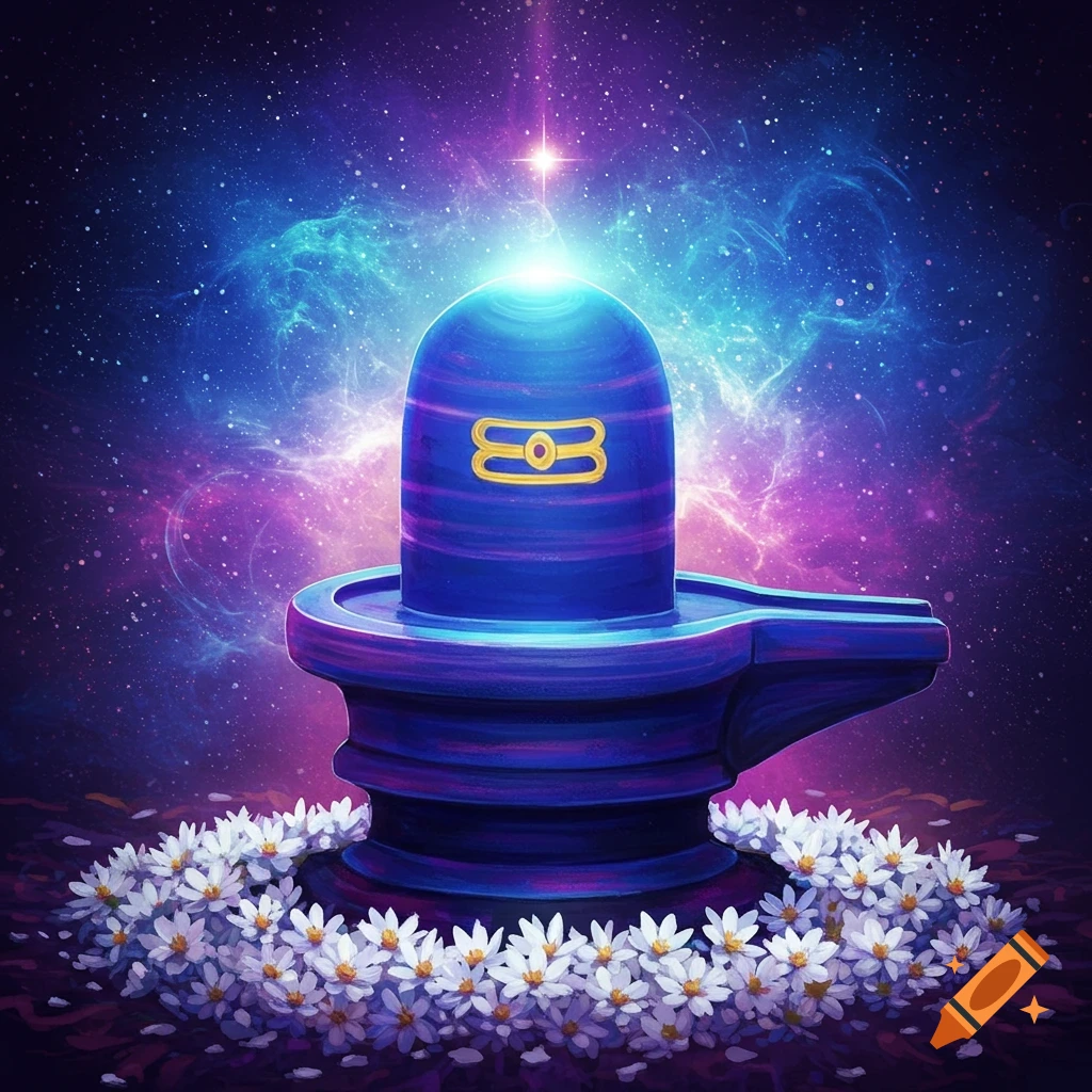 A blue Shiva Lingam is surrounded by white flowers against a cosmic background of stars and nebulas.