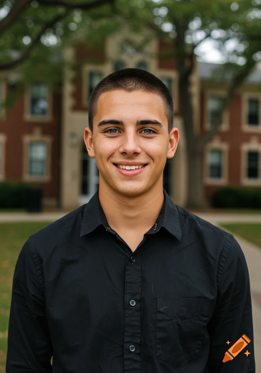 A young man with buzzed hair and blue eyes smiles at the camera in front of a brick building.