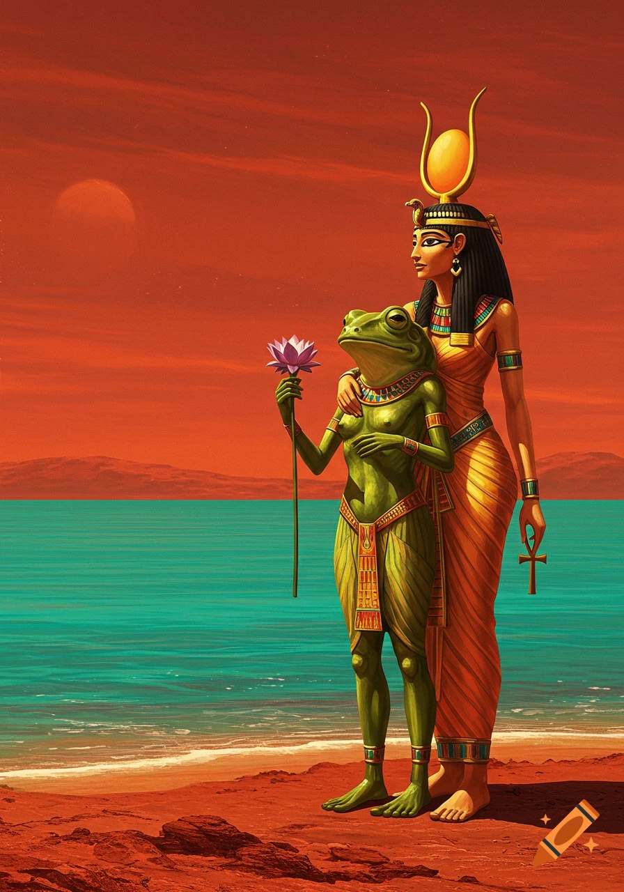 An Egyptian figure and a bipedal frog creature stand on a red landscape by an ocean under an orange sky with a large red sun.