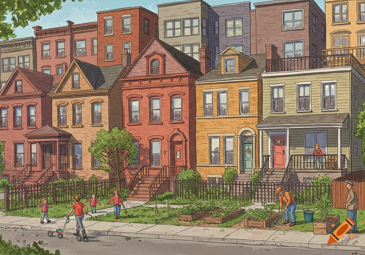 Illustration of a street with colorful row houses, people gardening and walking on the sidewalk.