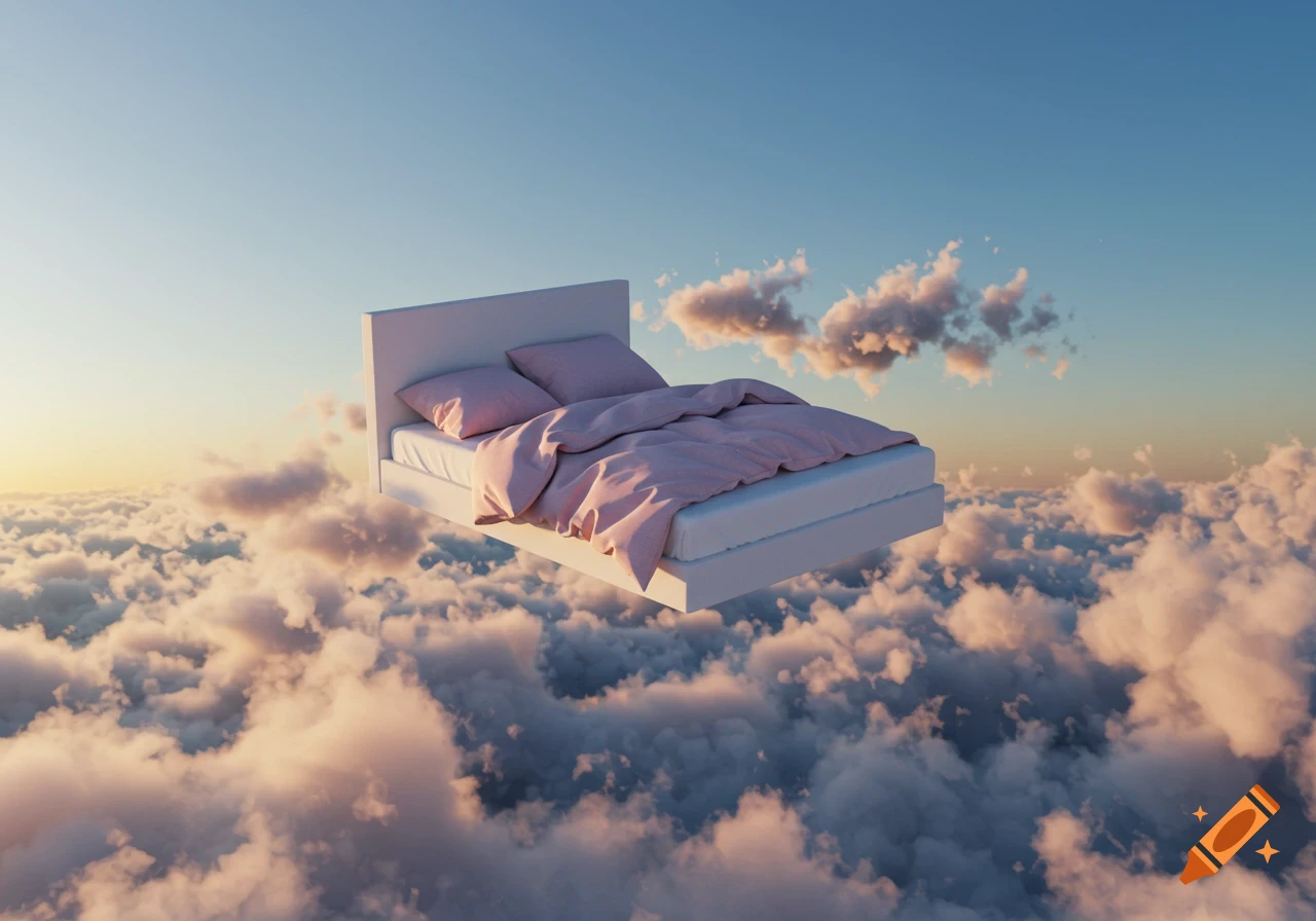 A white bed with pink covers floats among clouds in a sunset sky.