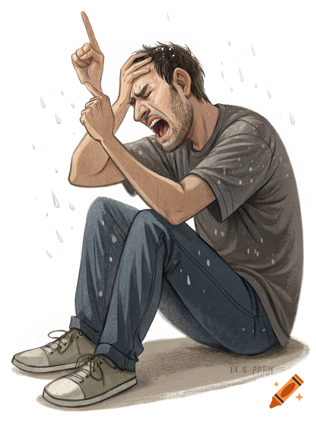 Illustration of a stressed man sitting, pointing up, and sweating