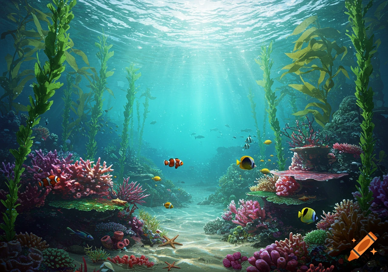 Underwater view of a vibrant coral reef with colorful fish, tall kelp, and sunlight streaming from the surface.