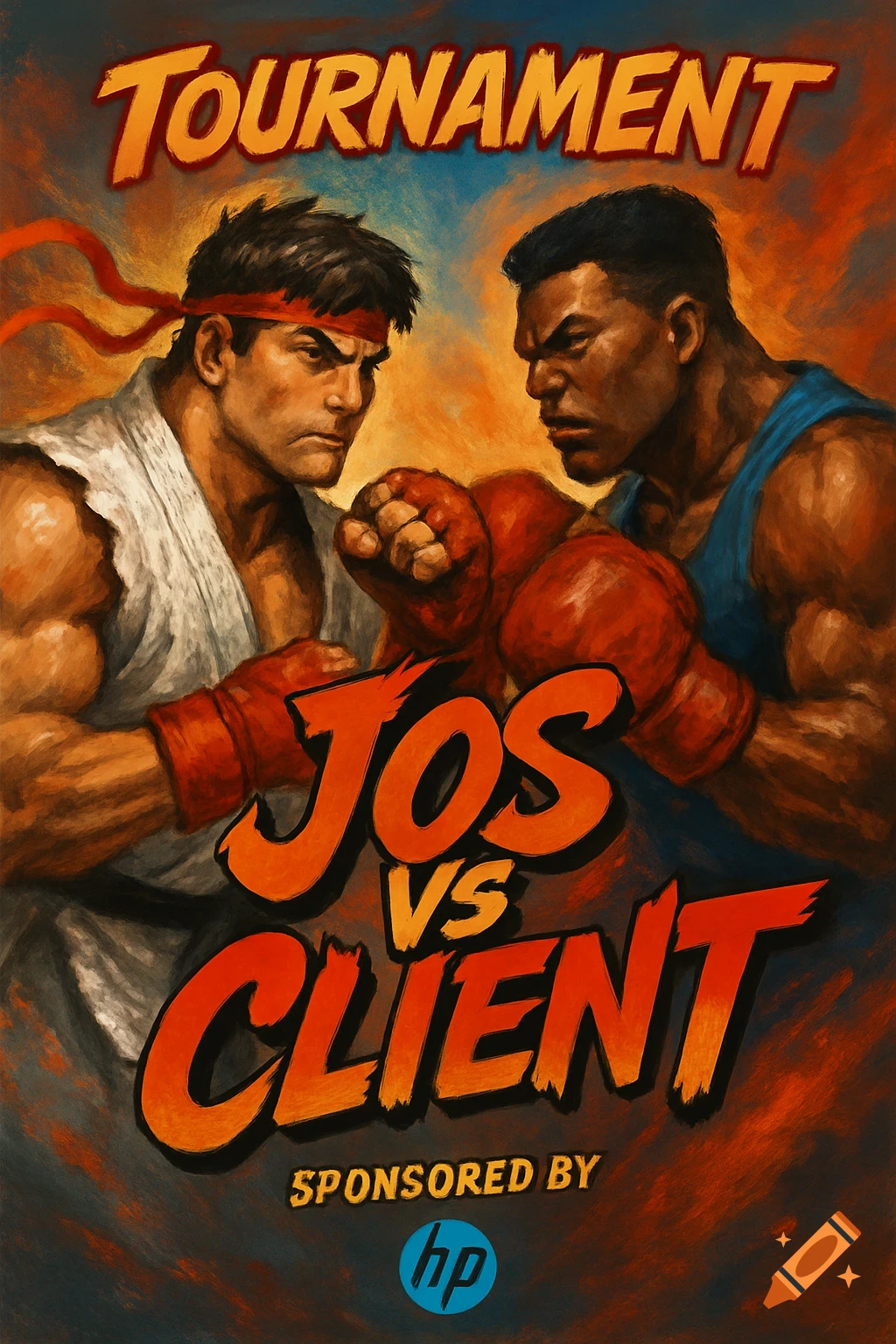 A painted style poster for a tournament featuring two fighters, with text 'TOURNAMENT' and 'JOS vs CLIENT' and 'SPONSORED BY HP'.