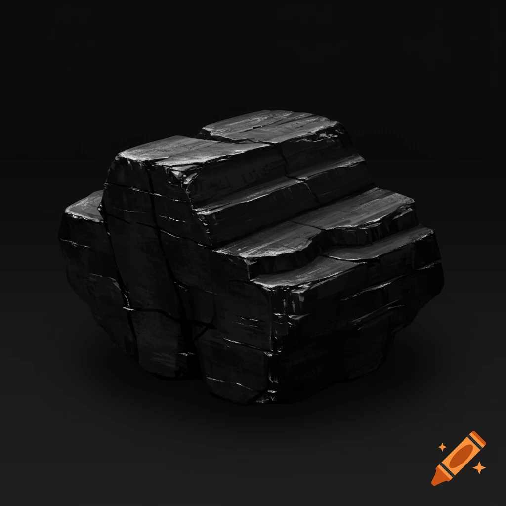 A dark, faceted piece of coal on a black background
