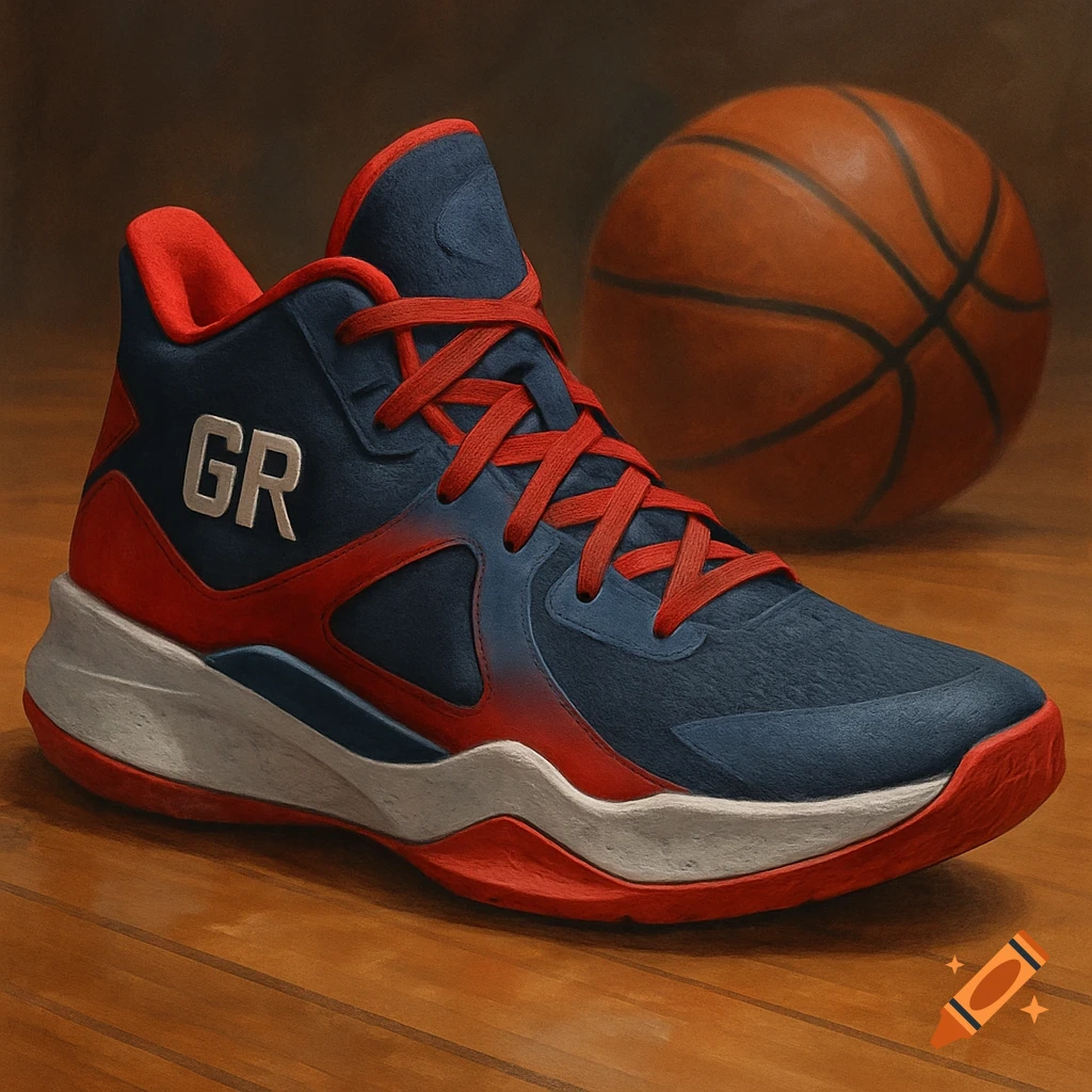 A red, white, and blue basketball shoe with 'GR' initials sits next to a basketball on a wooden floor.