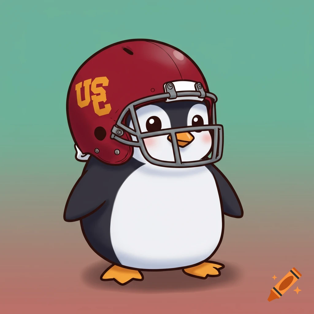 A cute cartoon penguin wears a red football helmet.