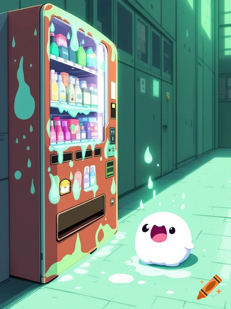 A cute, white blob character stands next to a vending machine covered in light blue liquid in an anime style.
