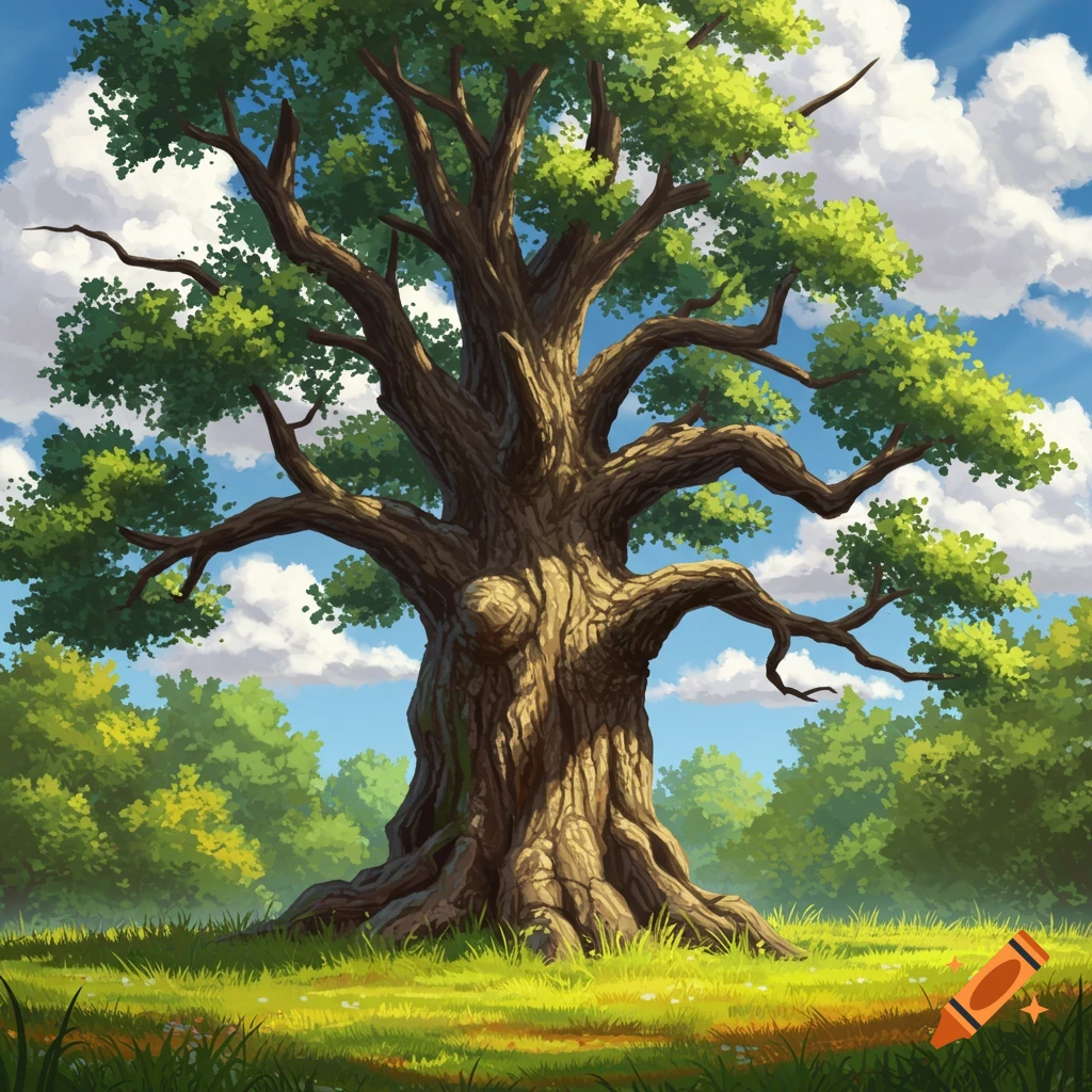 A large, ancient tree with green leaves stands in a grassy field under a blue sky with clouds, in an illustrative style.