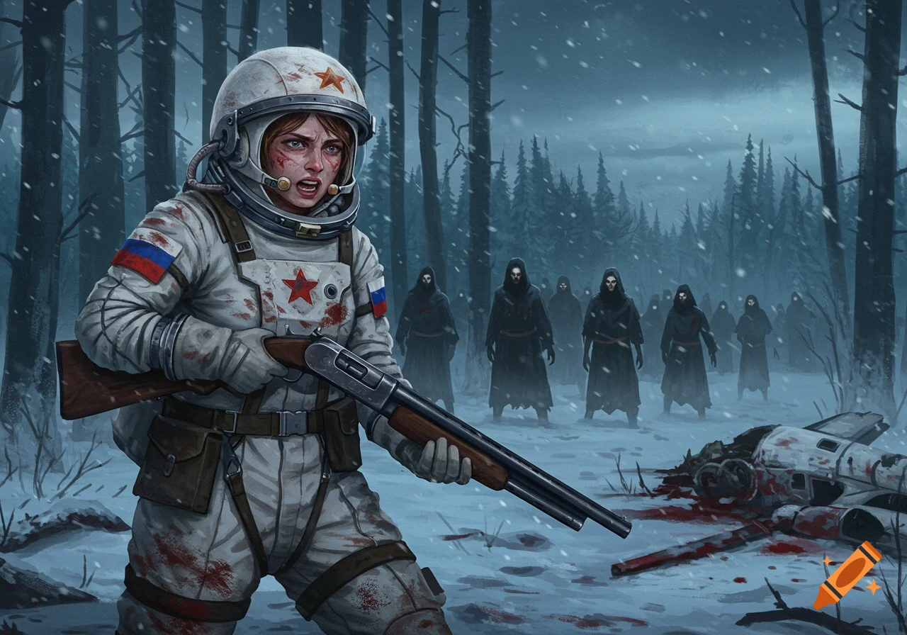 Woman in a bloody space suit with a shotgun faces shadowy figures in a snowy forest next to a crashed ship.