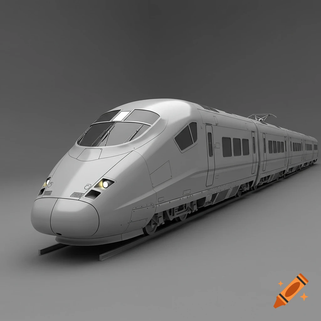 A grey 3D render of a futuristic high-speed train on tracks against a grey background.