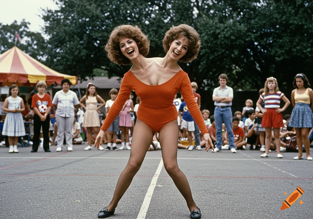 A woman with two heads in an orange leotard poses in front of an audience at a carnival.