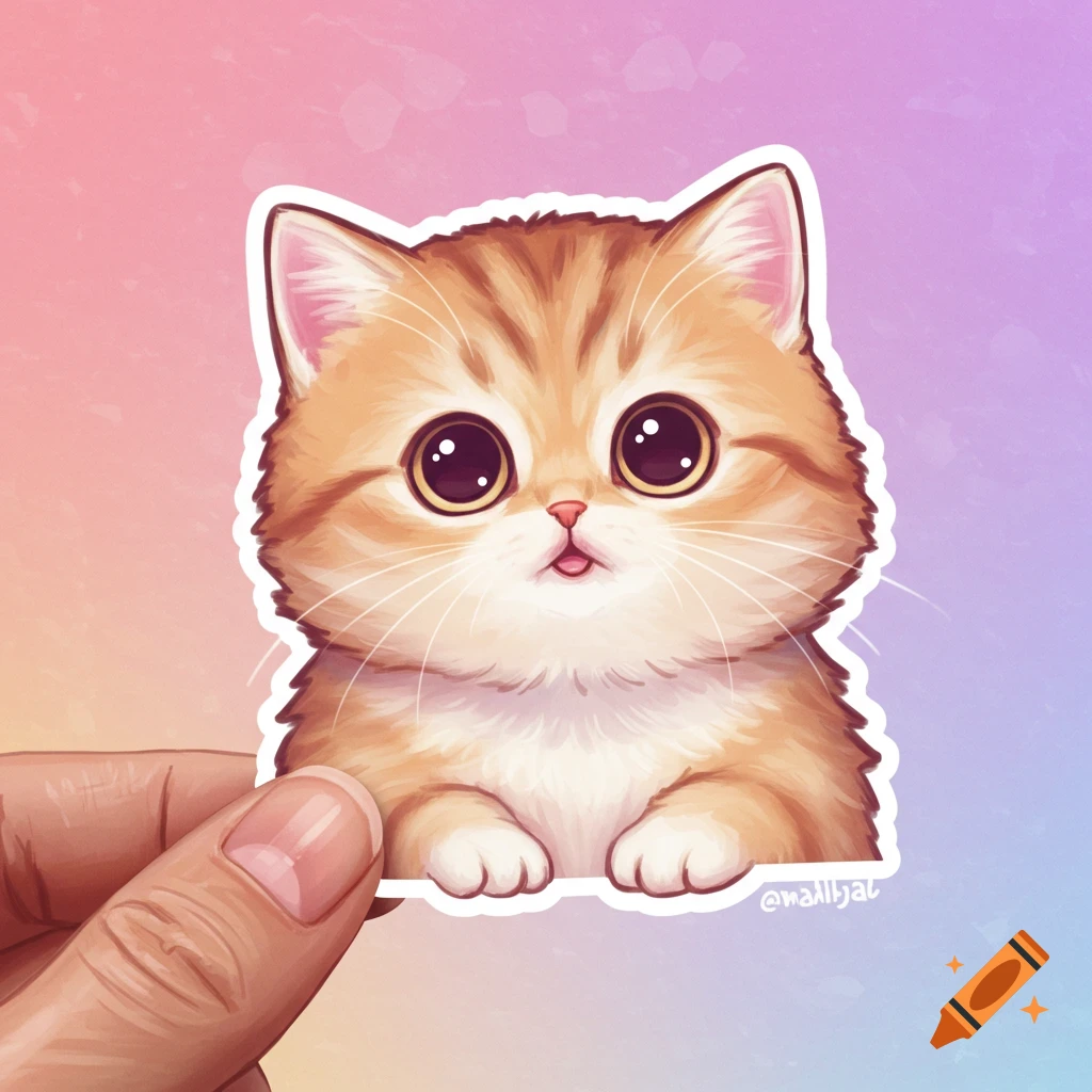 Illustration of a cute kitten sticker being held up