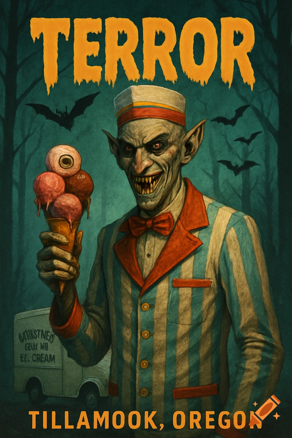 Vintage horror movie poster of a vampire ice cream man holding an ice cream cone topped with an eyeball. Text reads 'TERROR TILLAMOOK, OREGON'.