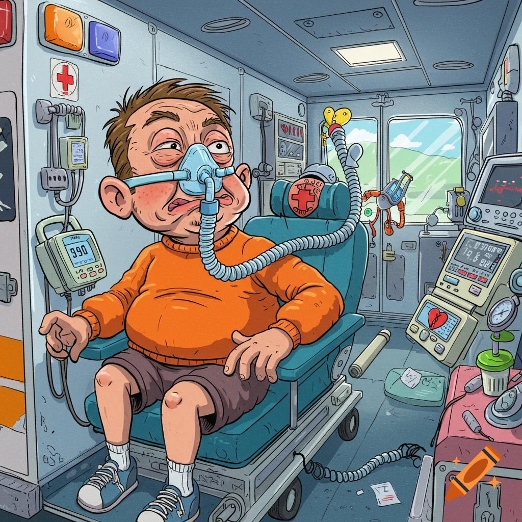 Funny cartoon illustration of a man wearing a CPAP mask while sitting in an ambulance.