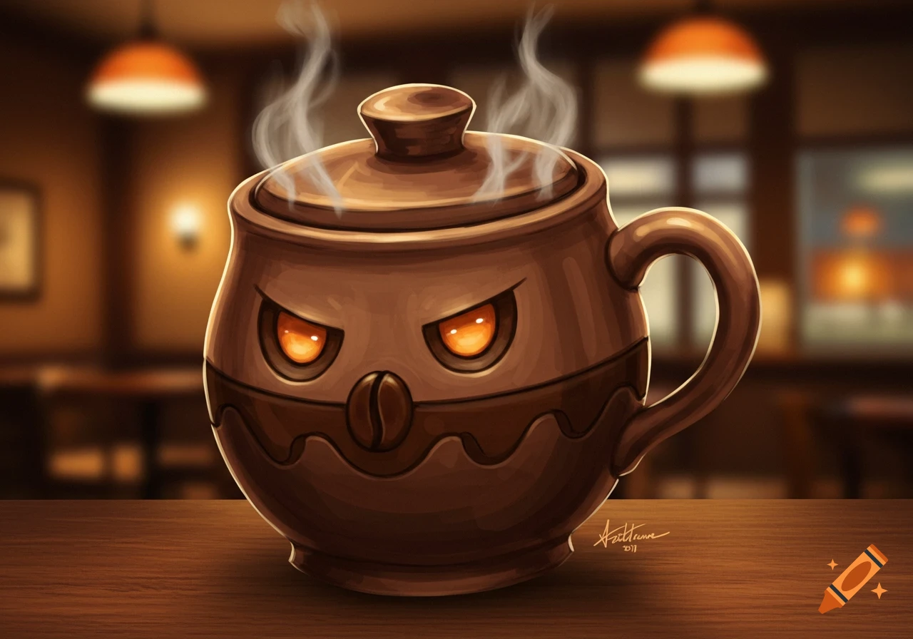 A brown coffee pot creature with glowing orange eyes sits on a table in a cafe.