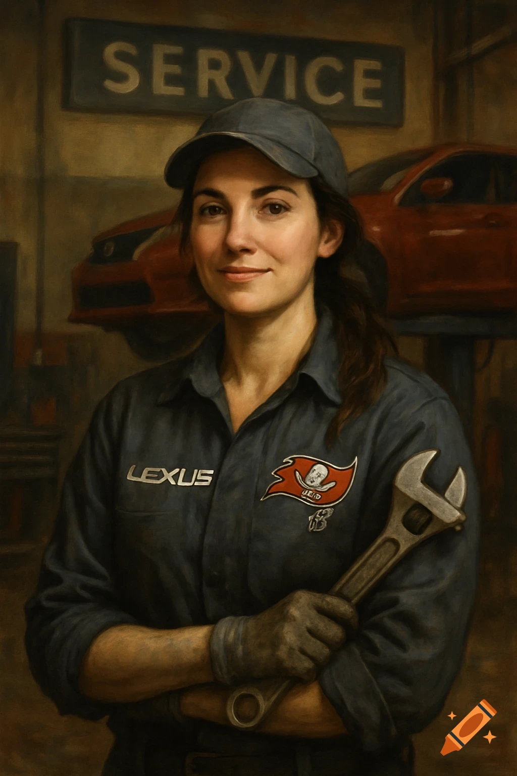 A painted portrait of a female mechanic in a garage holding a wrench.
