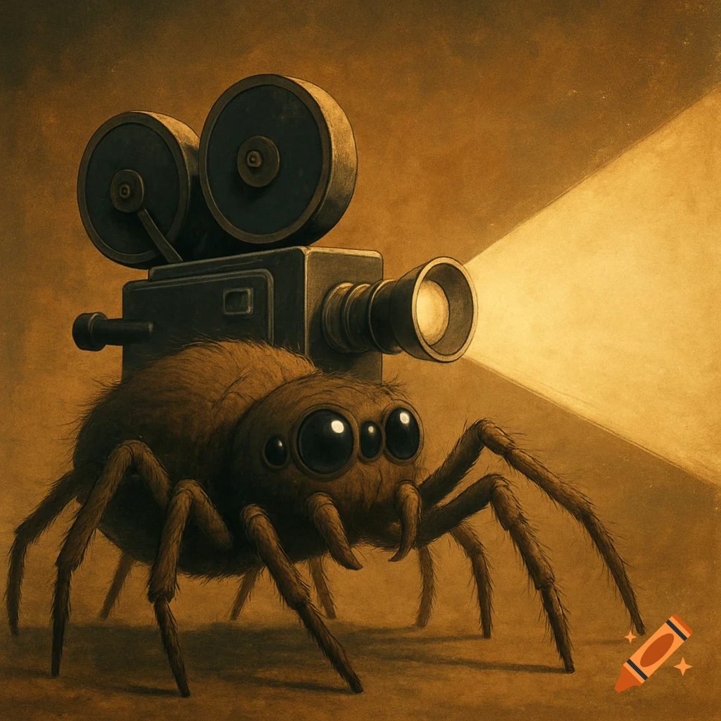 A fuzzy spider carrying an old film camera, casting a light beam in a sepia-toned illustration.