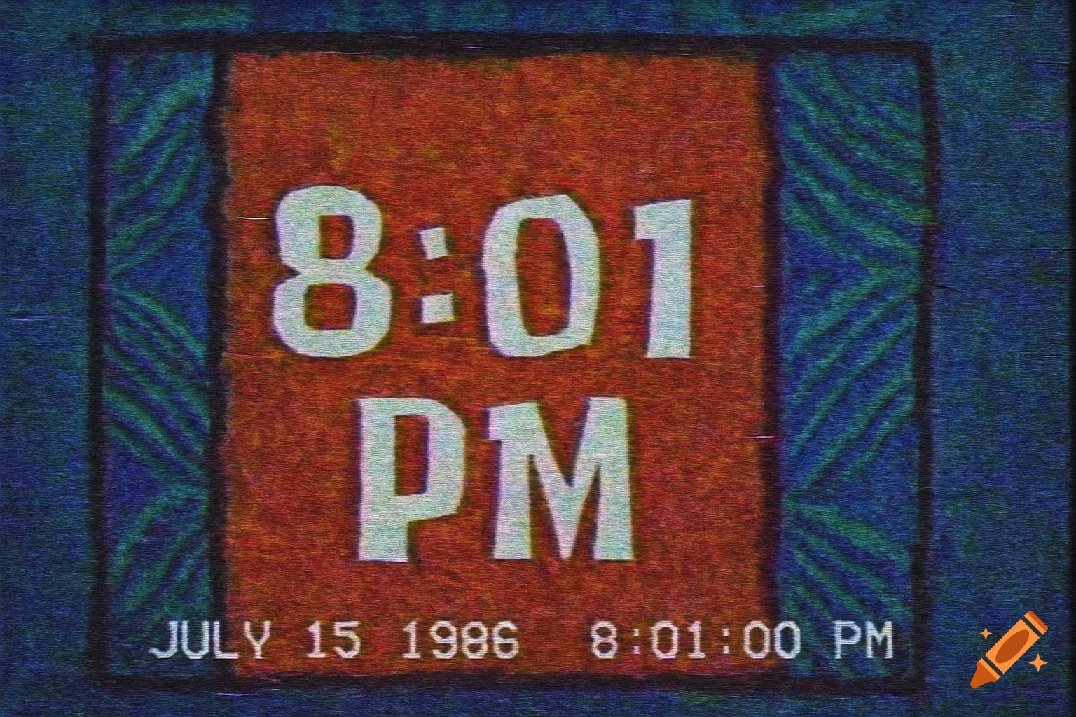 Vintage graphic time card showing 8:01 PM on July 15 1986, with a VHS filter effect.