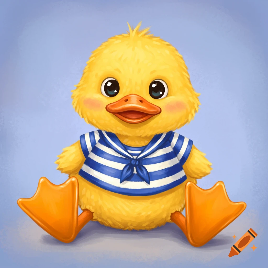 A cute cartoon yellow duck wearing a blue and white striped sailor shirt.