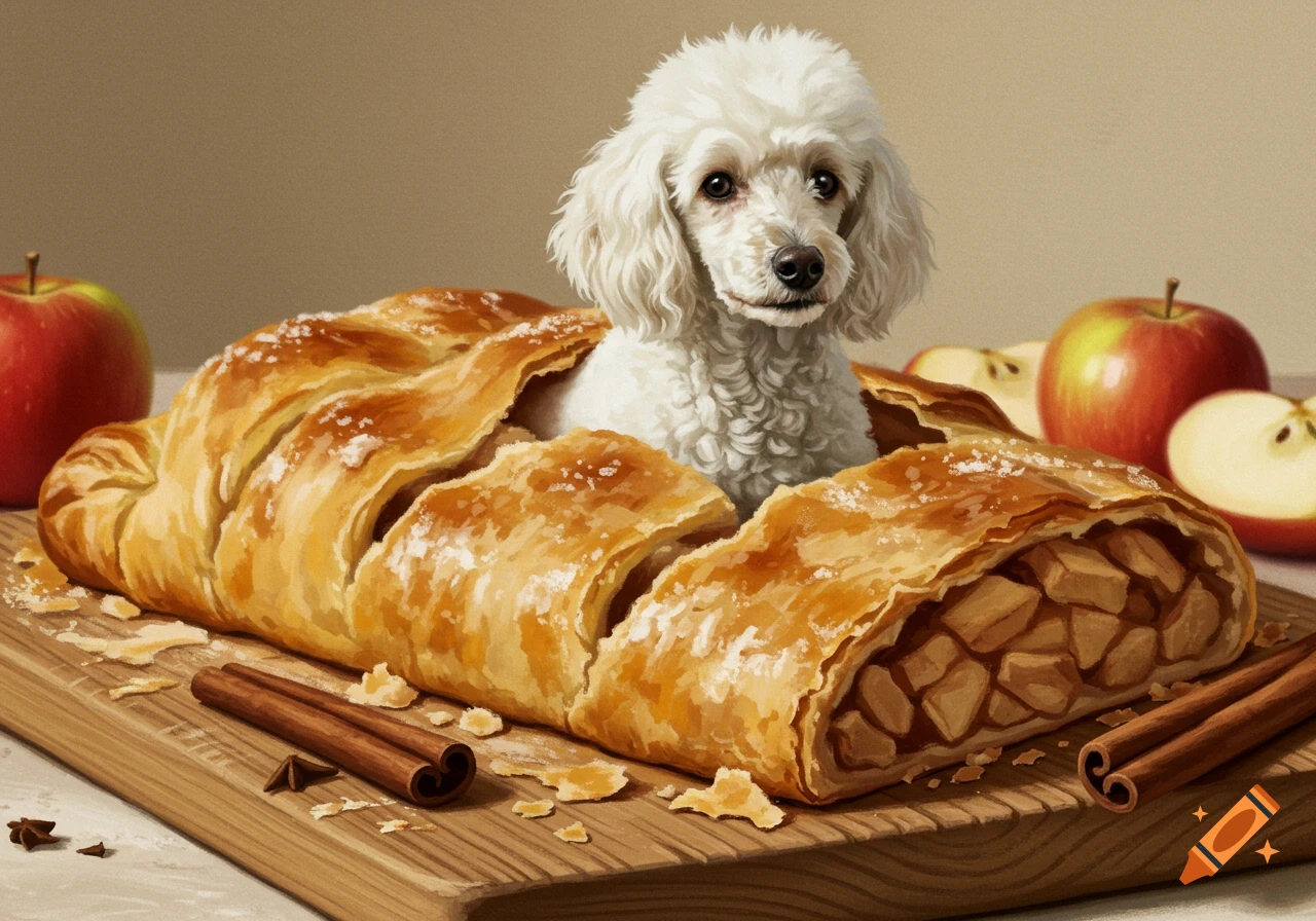 Realistic poodle sits in a sliced apple strudel with apples and cinnamon sticks on a wooden board.