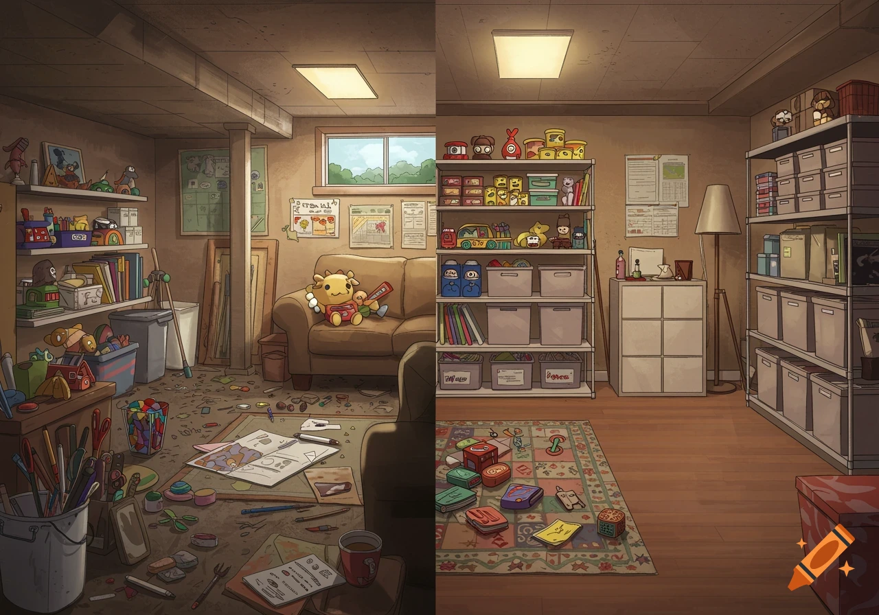 Split view of a basement, messy on the left with art supplies and toys, organized on the right with shelves.