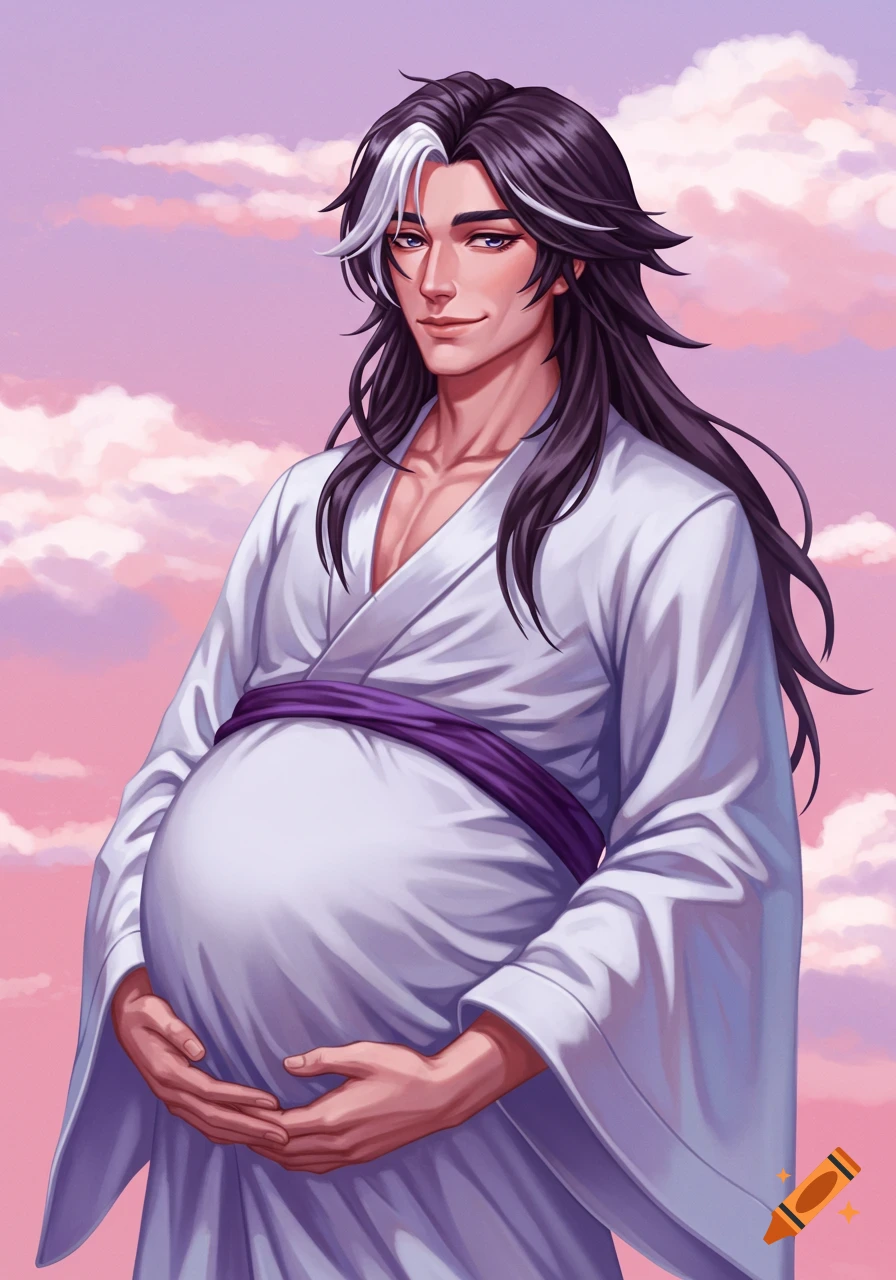 Anime style pregnant man with long dark hair, white streak, and white kimono against a pink sky.