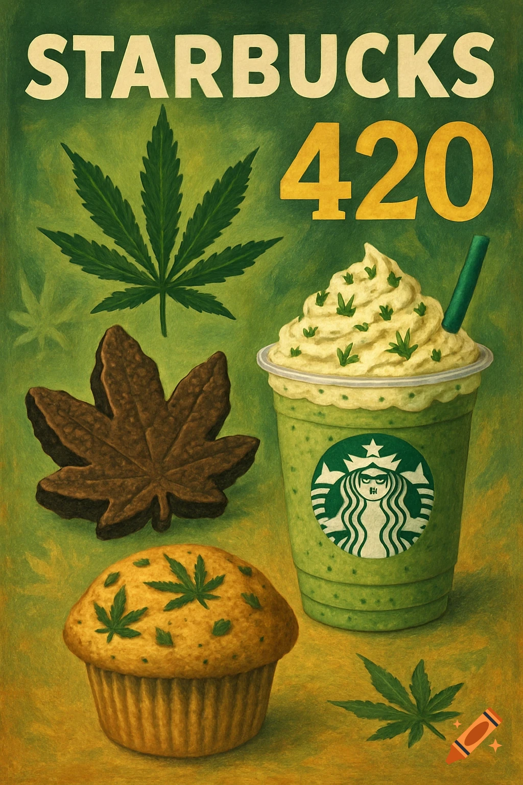 Illustrative poster with Starbucks cup, cannabis leaf cookie, muffin, and leaves, with text 'STARBUCKS 420'.