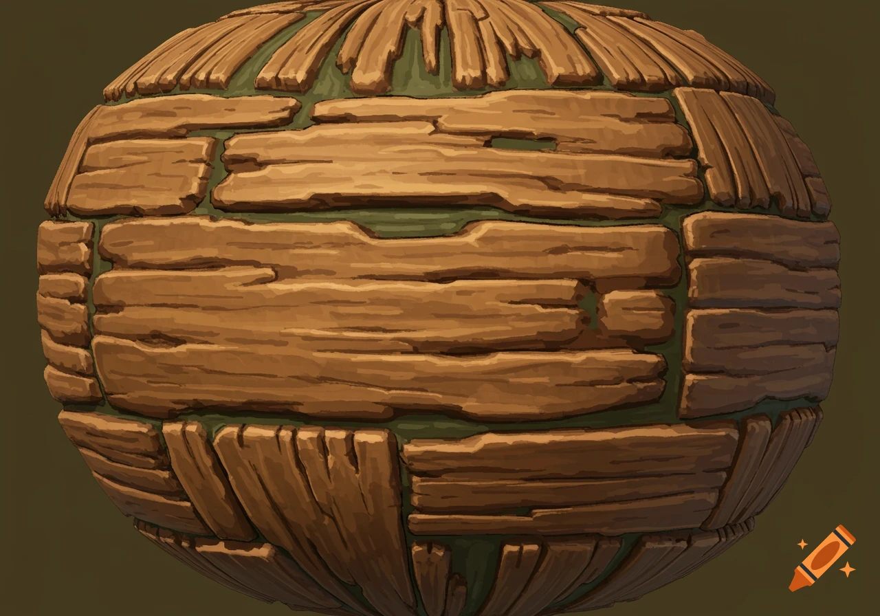 A stylized texture of wooden planks and green material on a sphere