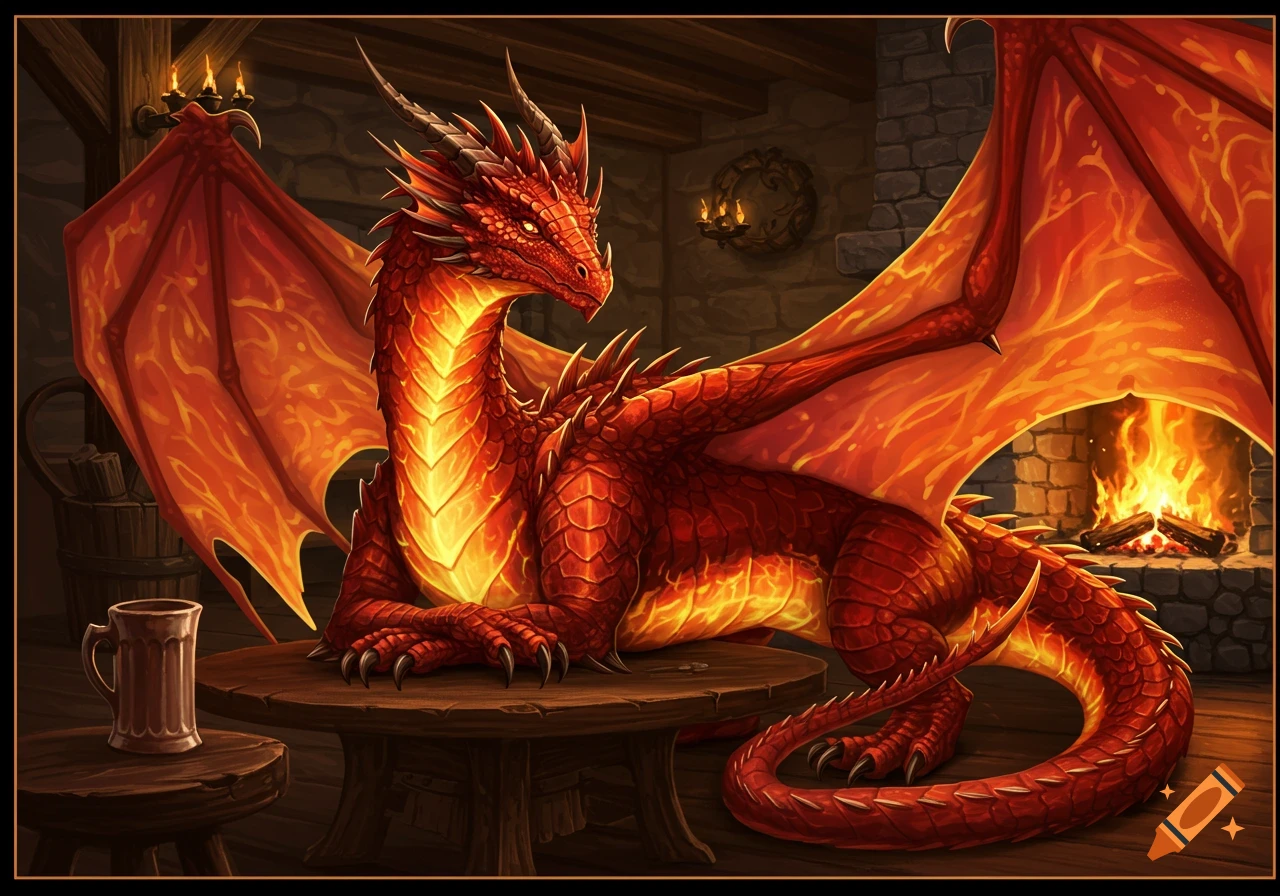 A large red dragon sits on a table in a rustic tavern next to a fireplace.
