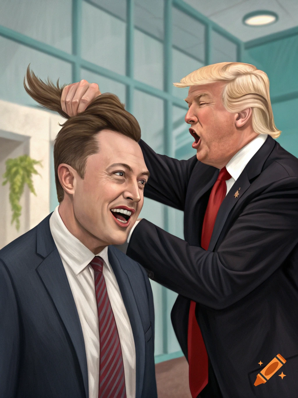 An illustration of Donald Trump pulling on Elon Musk's hair, with both men having exaggerated expressions, in an office setting.