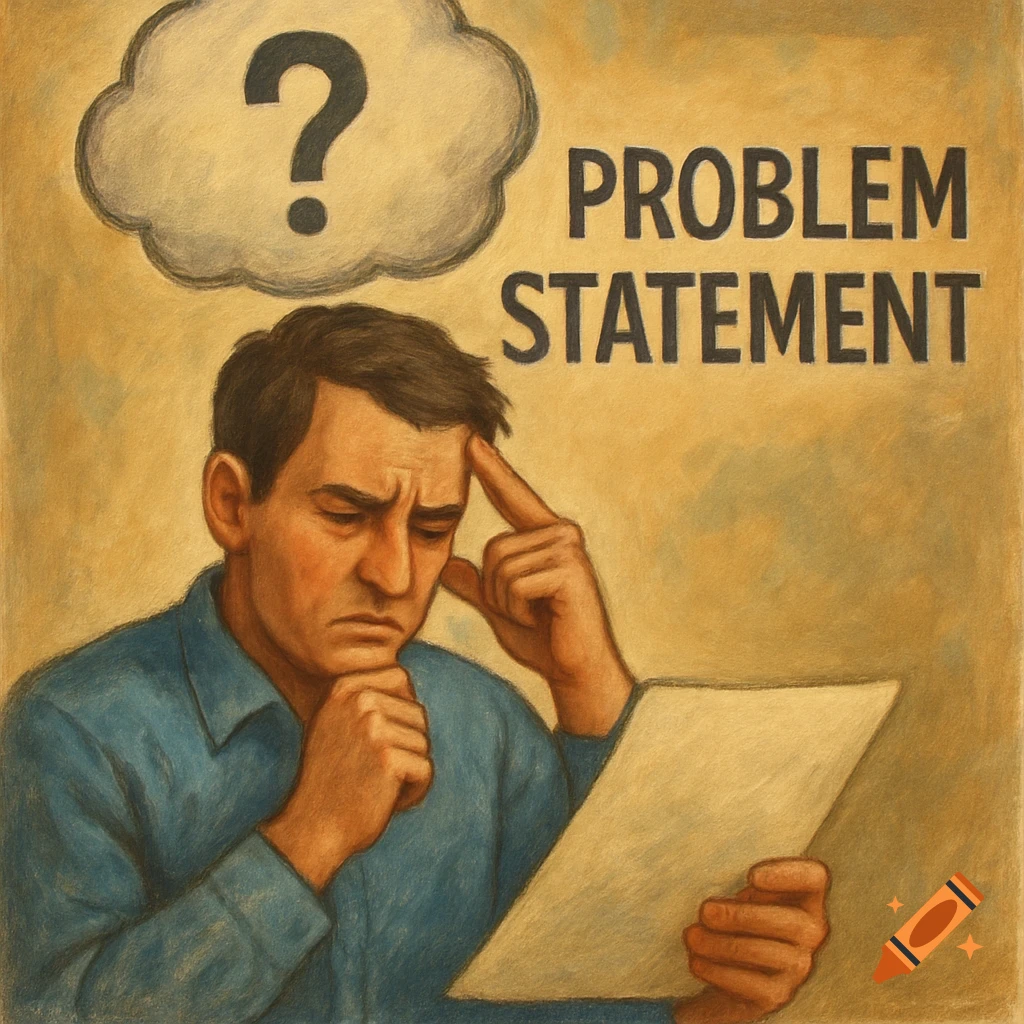 Illustration of a man thinking with a question mark thought bubble and the text 'PROBLEM STATEMENT'.