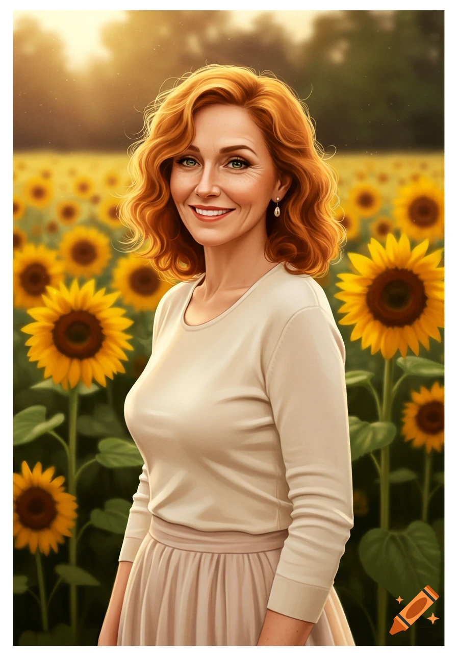 A red-haired woman smiles in a field of sunflowers.