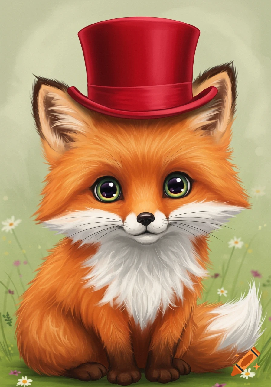 An illustration of a cute orange fox wearing a red top hat, sitting in a field of grass and flowers.
