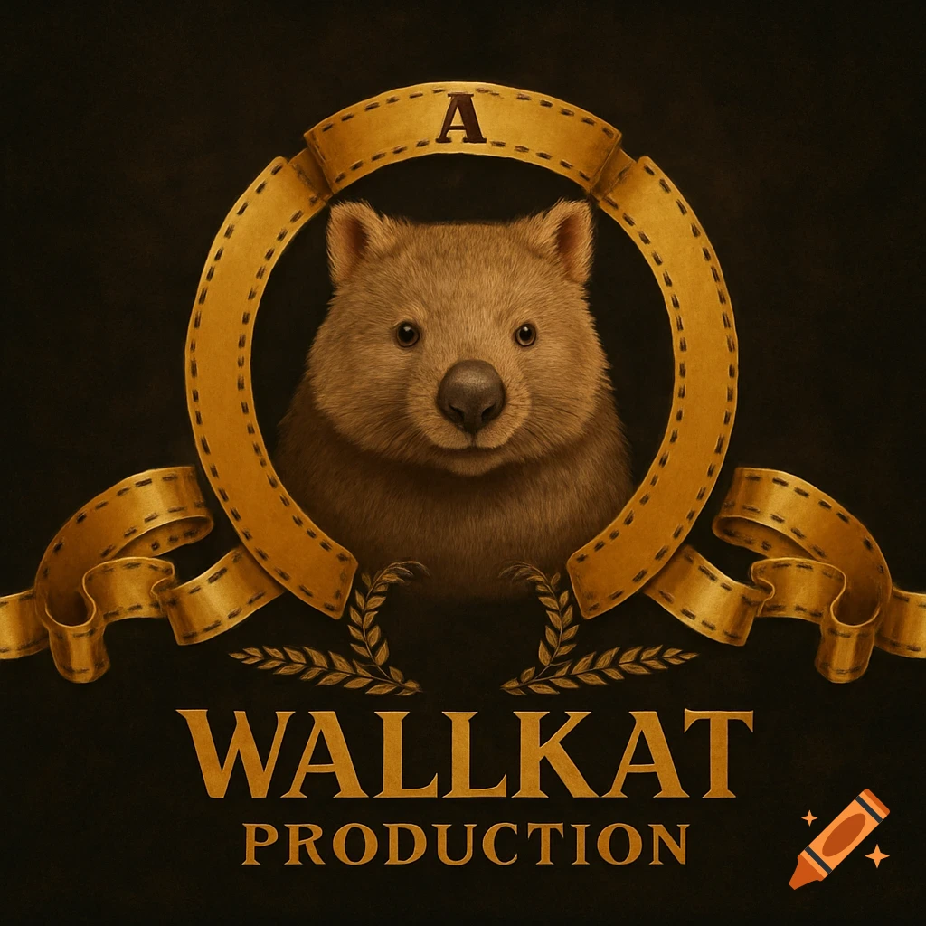 A logo featuring a wombat head centered in a circular film reel frame with golden text 'A WALLKAT PRODUCTION' below.