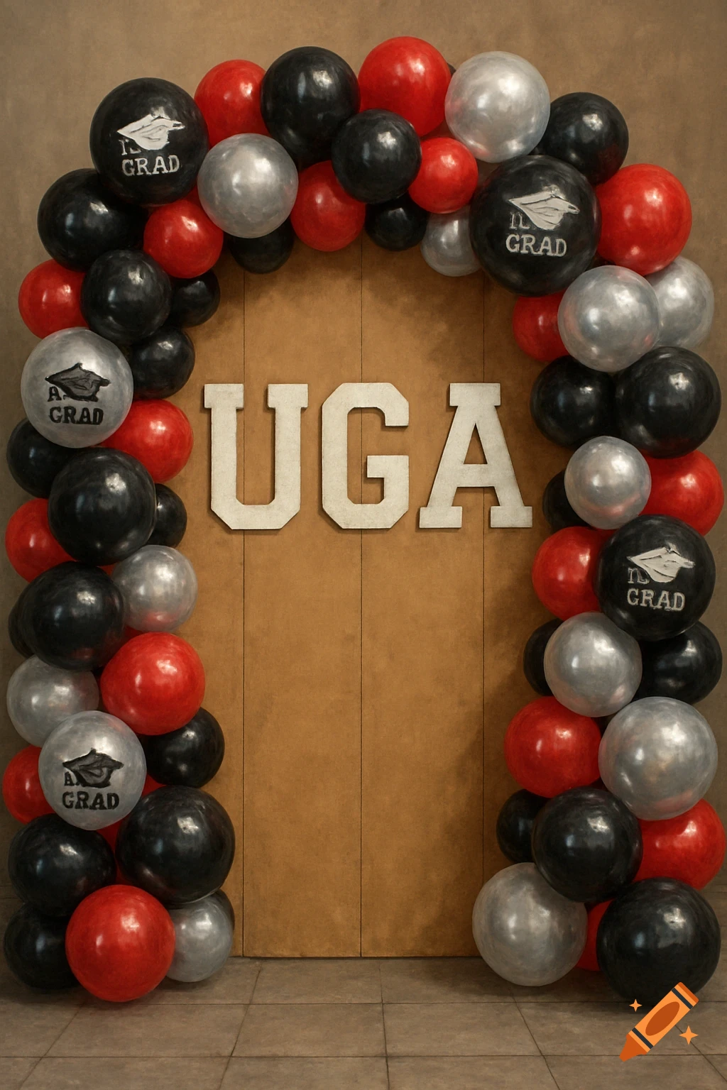 A balloon arch in black, red, and silver surrounds large letters spelling "UGA". Some balloons have graduation cap symbols and text.