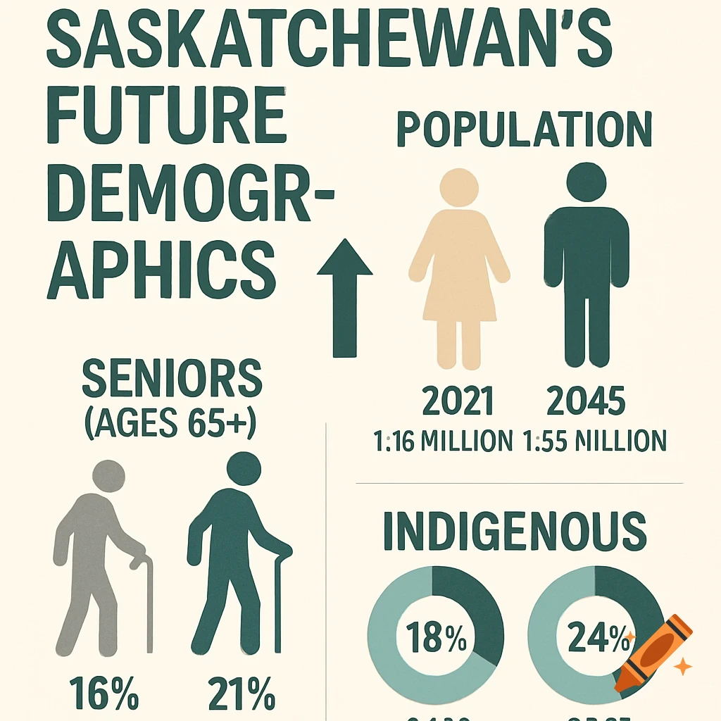 Infographic showing Saskatchewan's future demographics, including population, seniors, and Indigenous percentages.