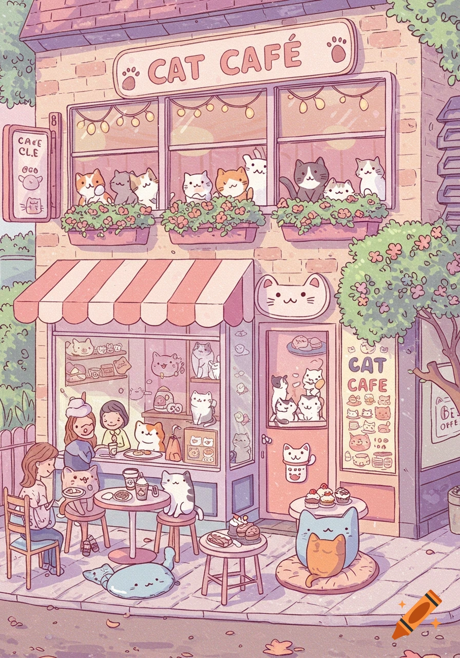 Illustration of a cute cat cafe with people and cats in a soft, pastel style.
