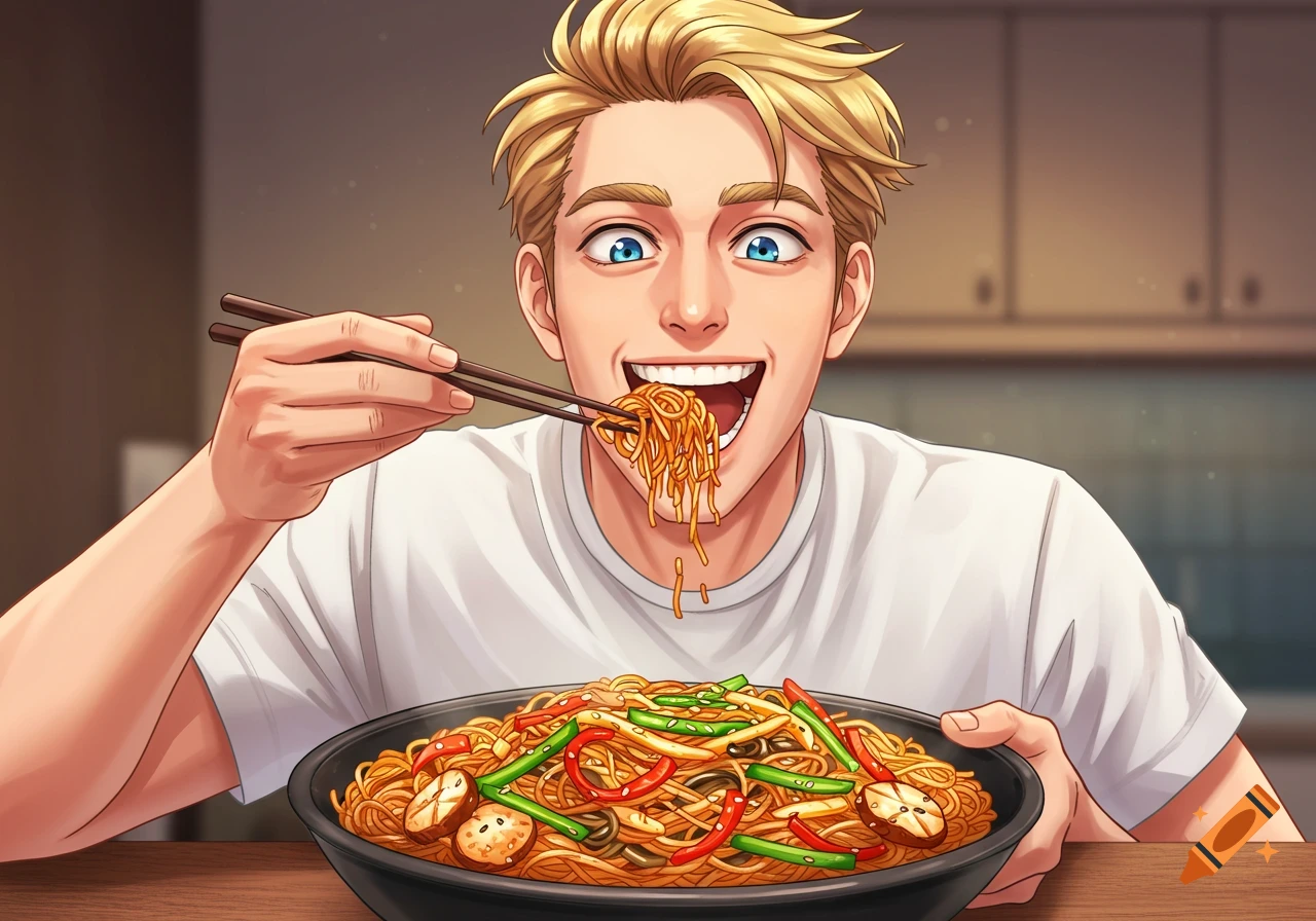 Blonde anime man eating noodles excitedly