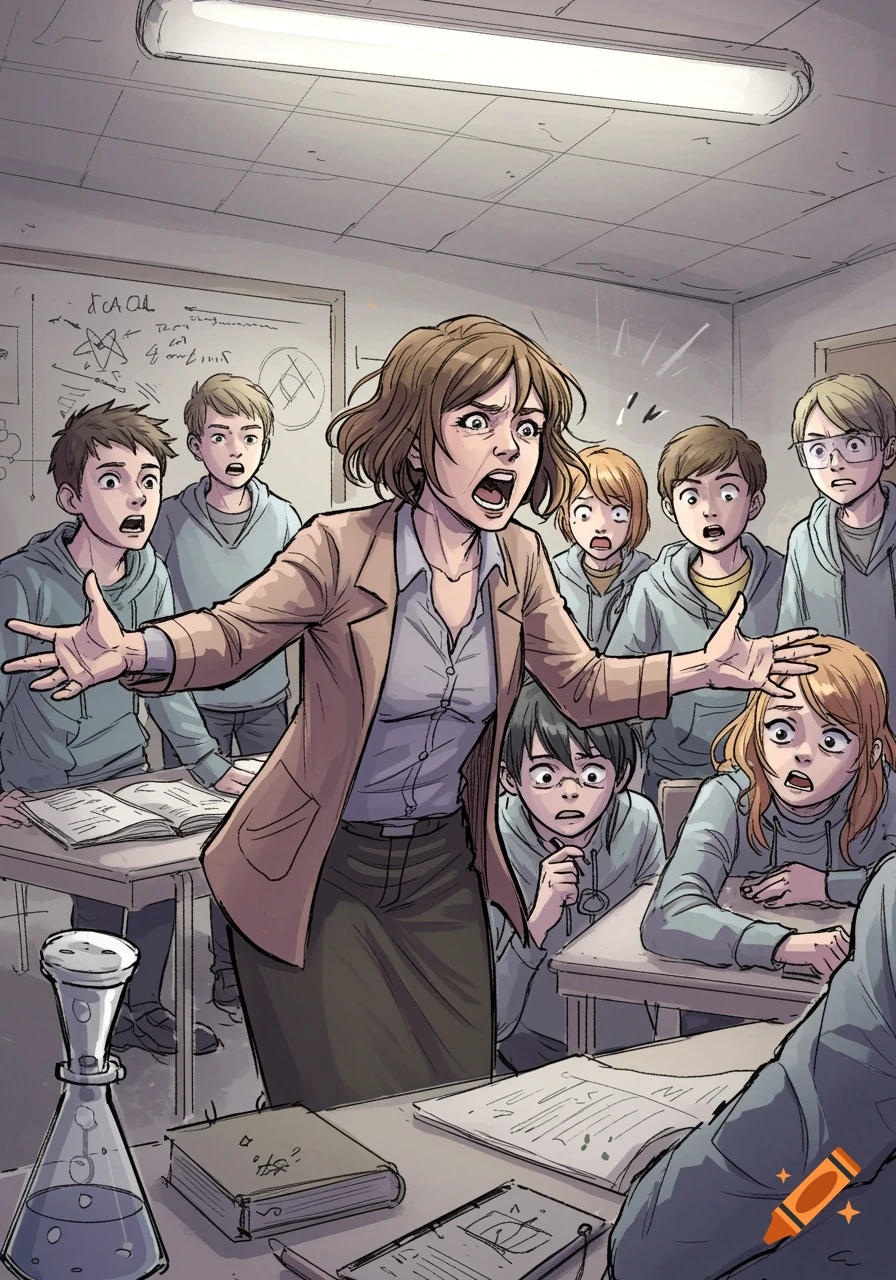 Sketch of a teacher screaming at shocked students in a classroom.