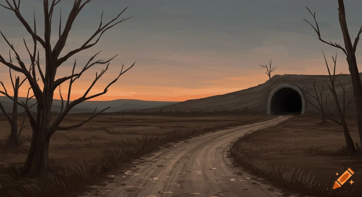 Illustrative landscape of a dirt road leading to a dark tunnel entrance in a hill, with bare trees under an orange and grey sky.