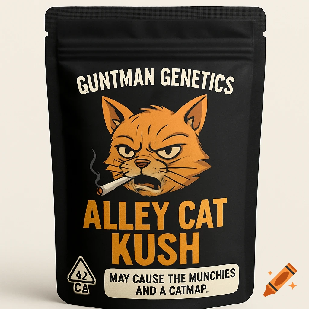 Black mylar bag with cartoon angry cat smoking, text says 'Guntman Genetics Alley Cat Kush'.
