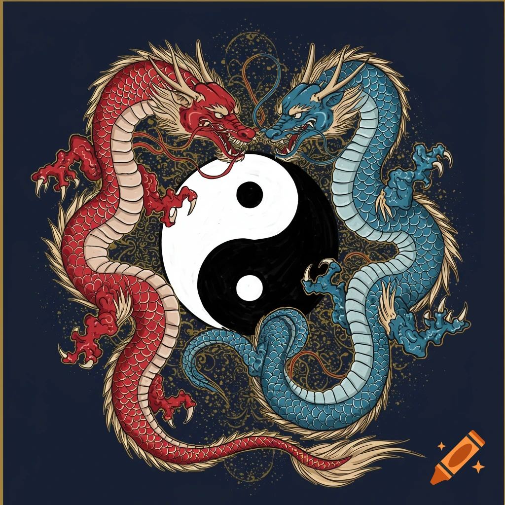 Red and blue dragons circle a Yin Yang symbol in traditional Japanese art style