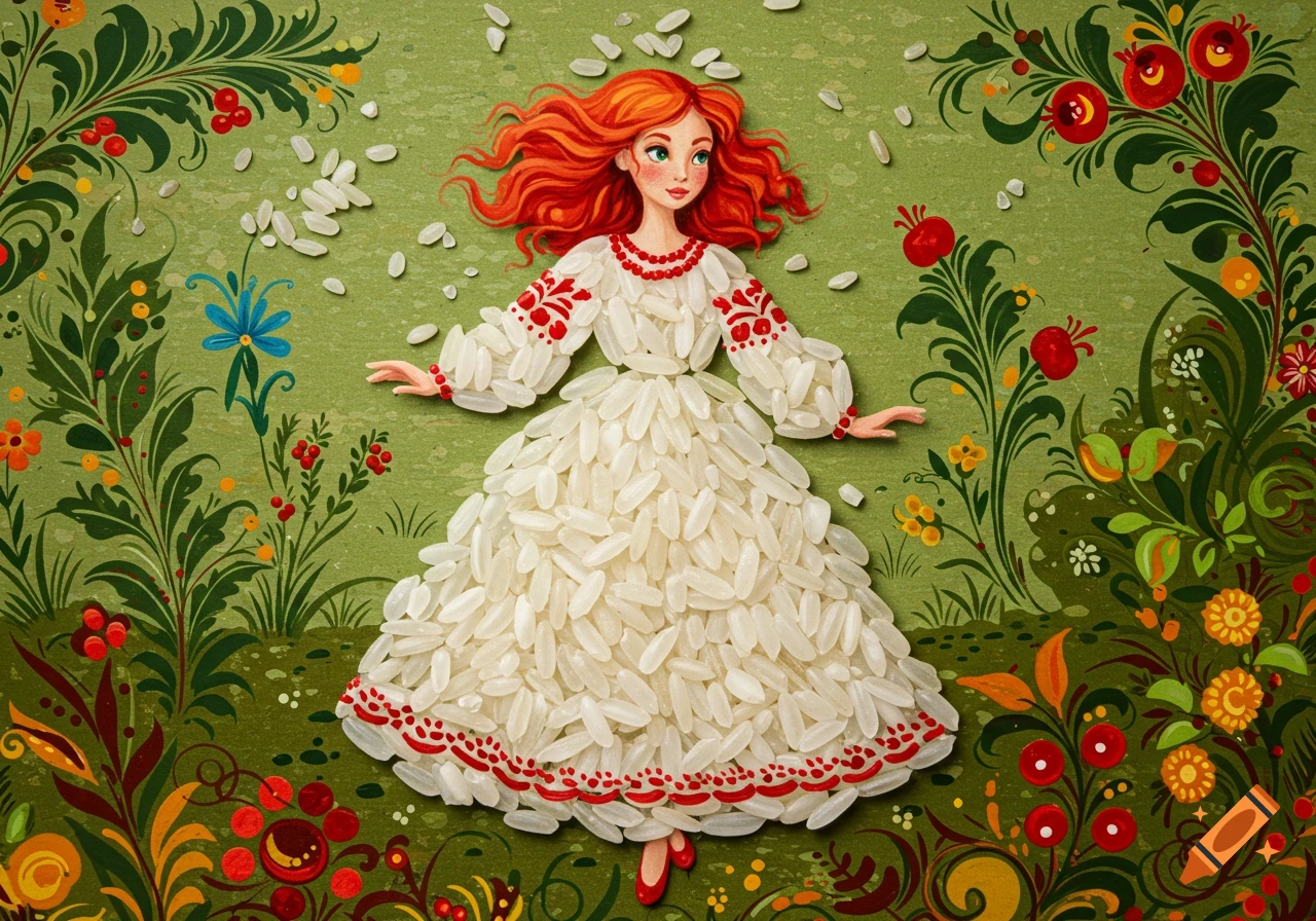 Girl with red hair made of rice, wearing a folk dress, standing in a field with floral folk art patterns.