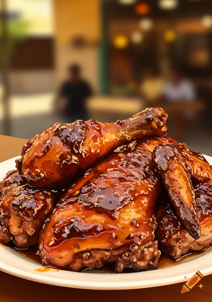 Close-up of glazed chicken pieces on a plate with a blurry restaurant background. Painterly style.
