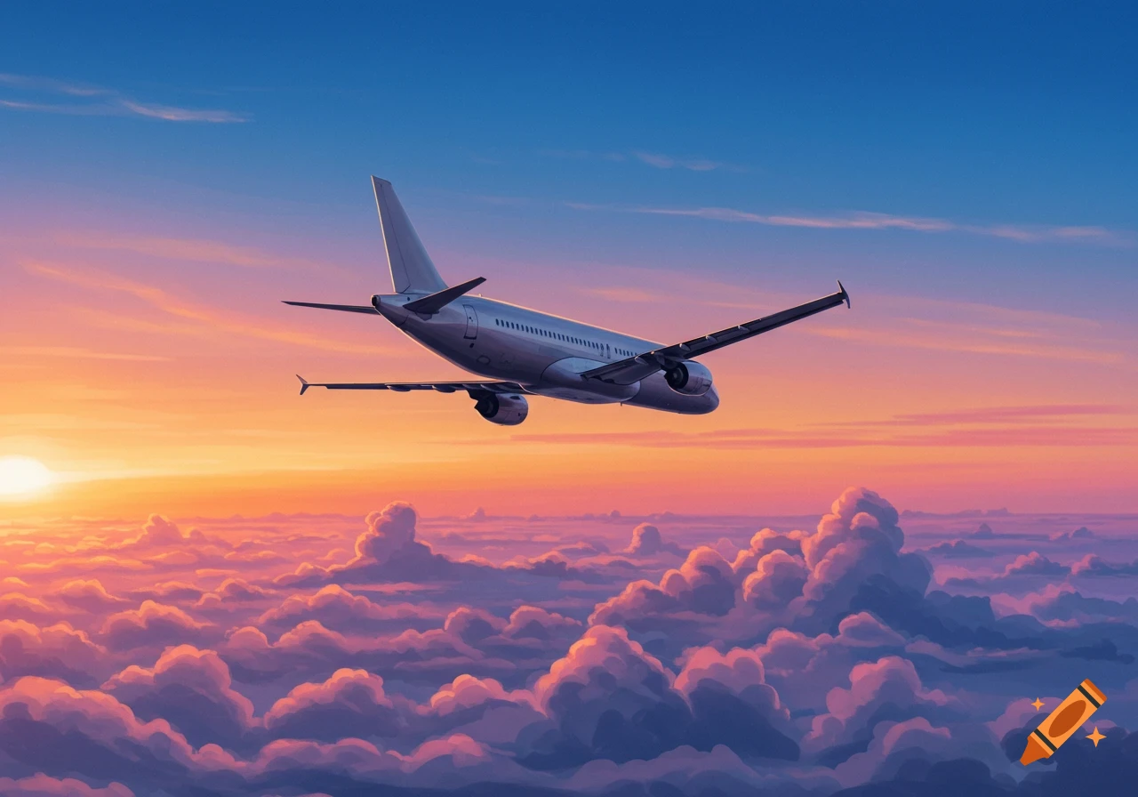 An airplane flies above pink and purple clouds during sunset.