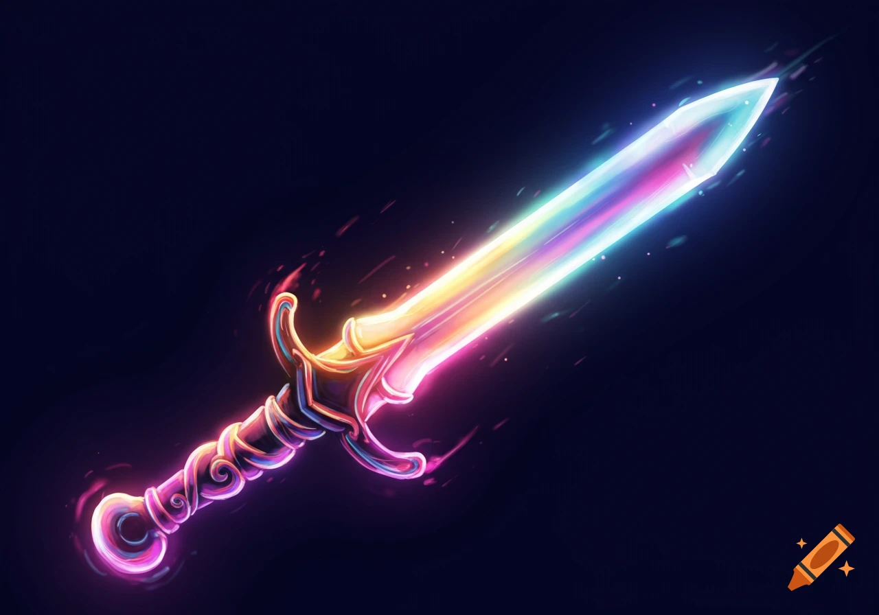A glowing sword with a hilt and blade shining with rainbow colors on a dark background.