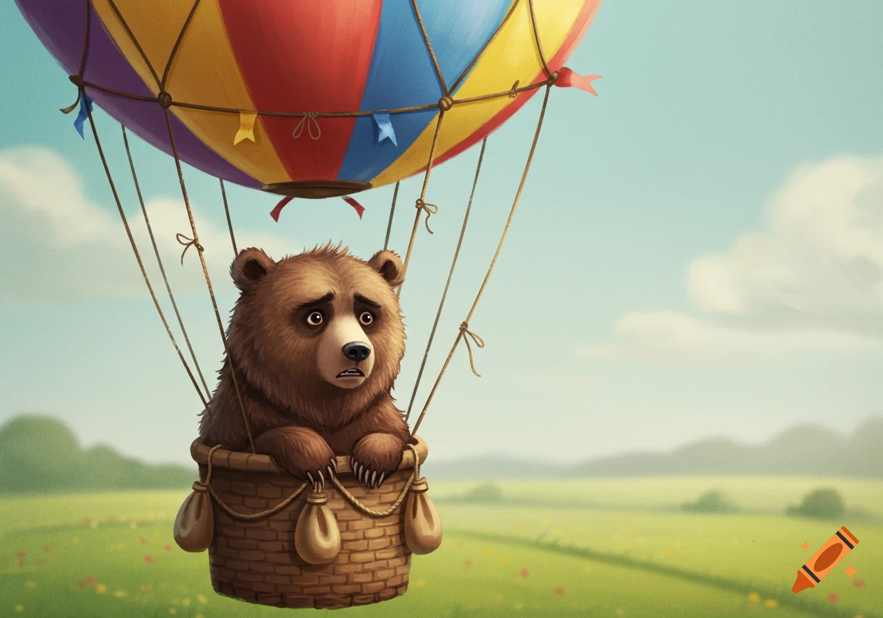 A concerned cartoon bear rides in a hot air balloon over a green field.
