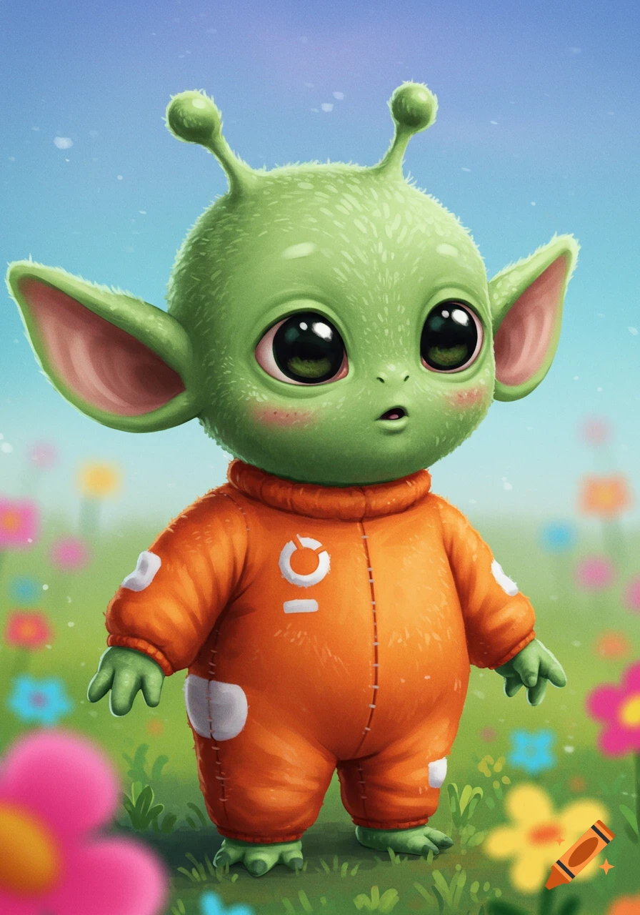 A cute green alien with big eyes and ears wears an orange suit and stands in a field of colorful flowers.