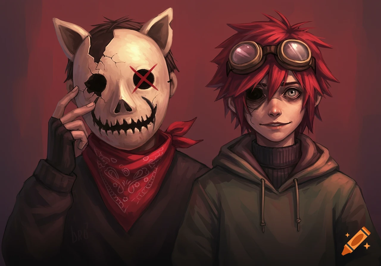 Illustration of two characters, one in a broken pig mask, one with red hair and goggles.
